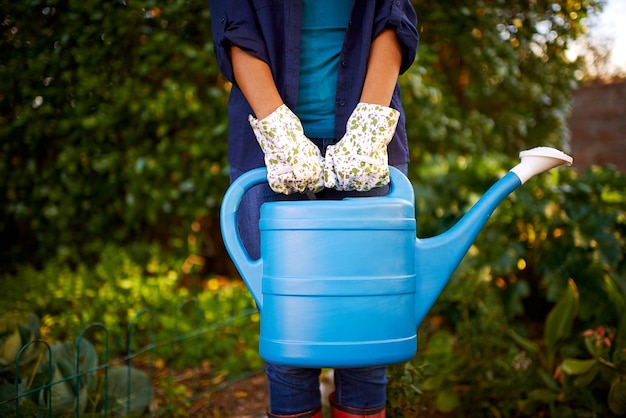 Lets get gardening Cropped shot of a young woman holding a water can while gardening in her backyar