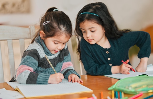 2 人の姉妹が一緒に宿題を終わらせる最高のショットを誰が描けるか見てみましょう