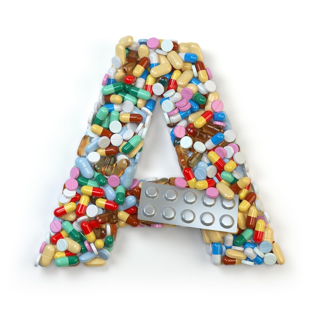 Letter A Set alfabet van geneeskunde pillen capsules tabletten en blisters geïsoleerd op wit