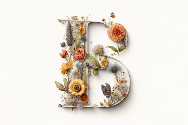 Photo letter b containing flowers on a white background ai generated