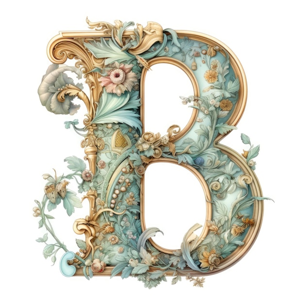 Letter B Floral monogram colorful Vintage ornament initial Alphabet spiral scroll style