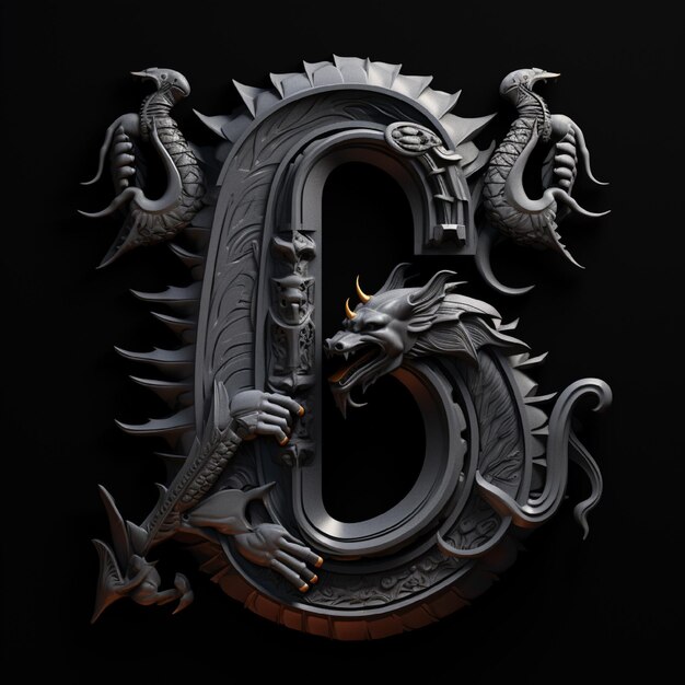 a letter b is on a black background with dragons and fish