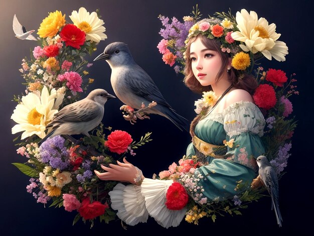 The letter b is covered with flowers and birds in the style of photorealistic fantasies