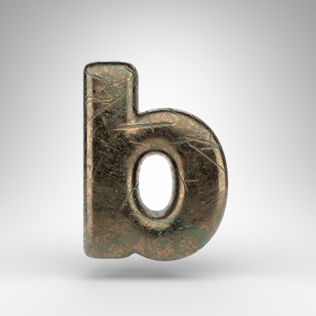 Letter B kleine letters op witte achtergrond. Bronzen 3D-gerenderde lettertype met geoxideerde bekraste textuur.