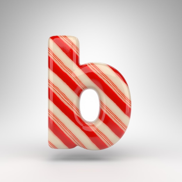 Foto lettera b minuscola su sfondo bianco. carattere 3d reso candy cane con linee rosse e bianche.