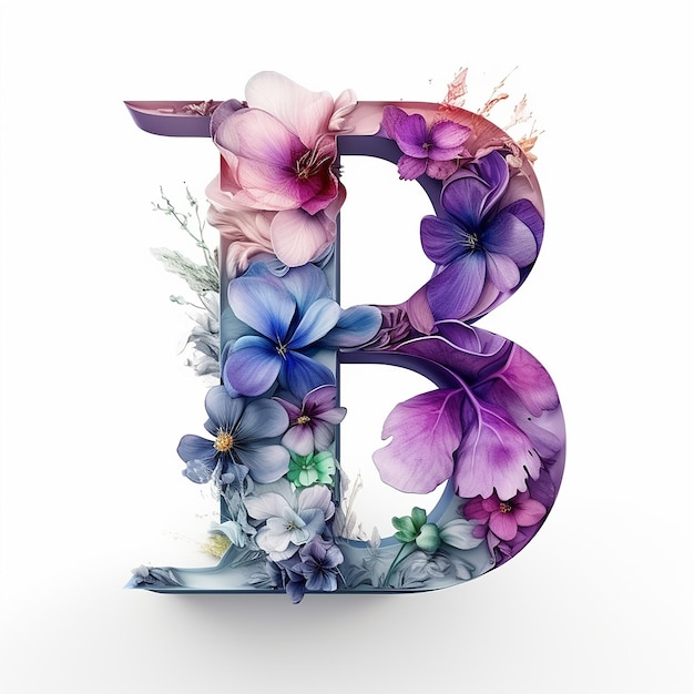 Letter B made of beautiful watercolor floral alphabet on white background Flower font concept