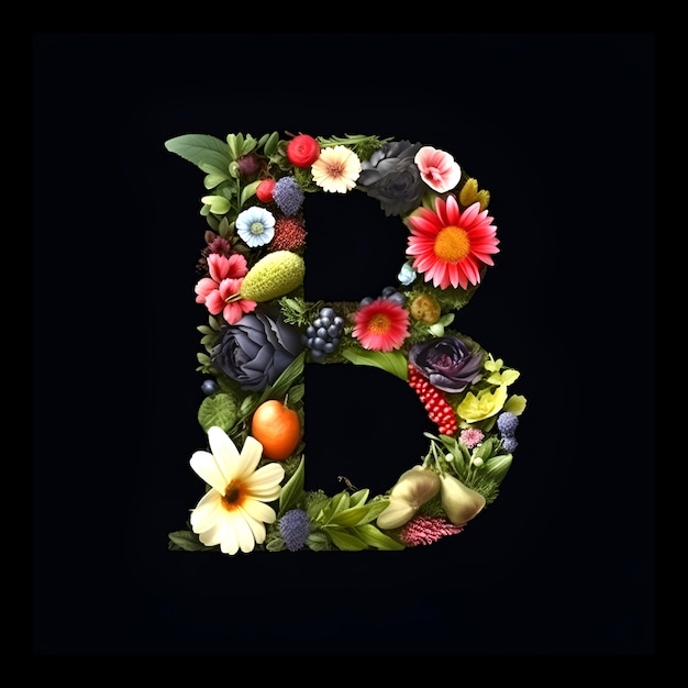 Letter B made of flowers and plants on black background Flower font concept