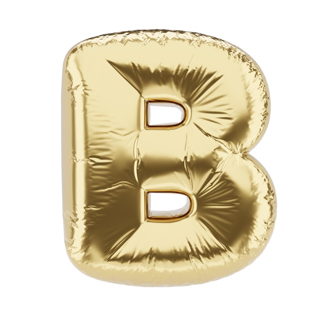 Letter B made of golden foil inflatable balloon isolated on white background 3D rendering illustration