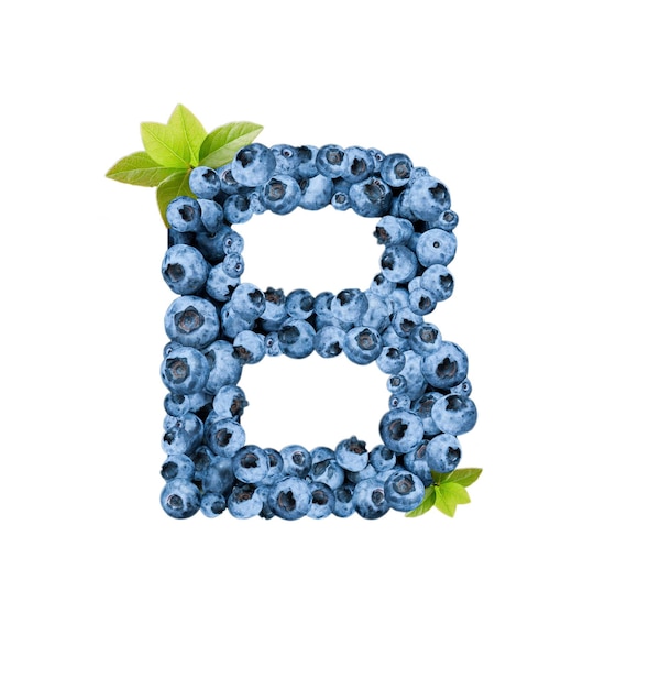 Letter B, made with fresh blueberries isolated on white. Bluberries font of full alphabet set of upper case letters.