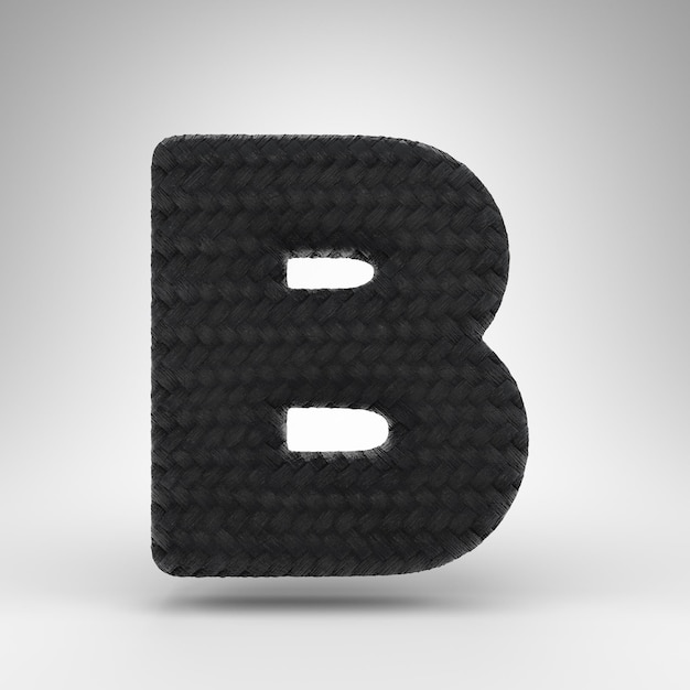 Foto lettera b maiuscola su sfondo bianco. carattere di rendering 3d in fibra di carbonio nero con trama di filo di carbonio.