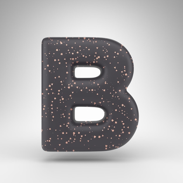 Photo letter b uppercase on white background. black matte 3d rendered font with copper dots texture.