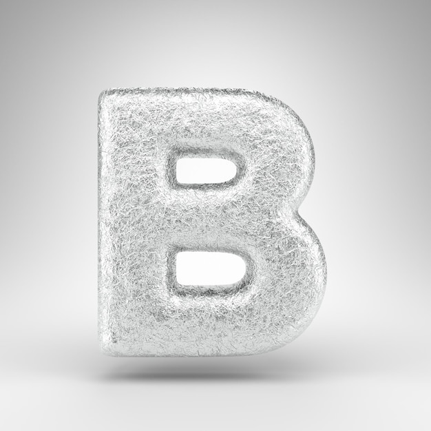 Letter B uppercase on white background. Creased aluminium foil 3D rendered font with gloss metal texture.