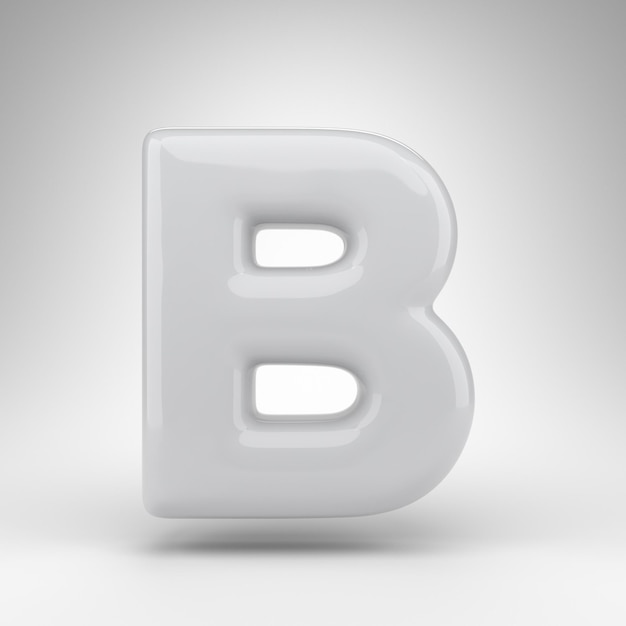 Foto lettera b maiuscola su sfondo bianco. carattere di plastica bianca 3d reso con superficie lucida.