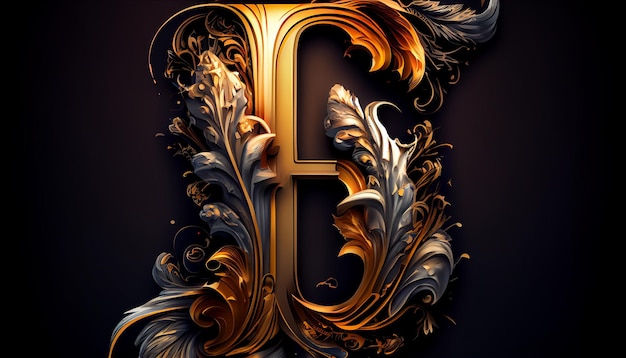 A letter b with gold leaves and a black background.