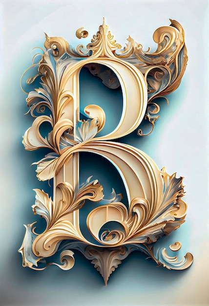 A letter b with gold and white flowers.