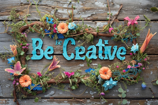 Photo letter of be creative in variant style with fence and natural flower aig