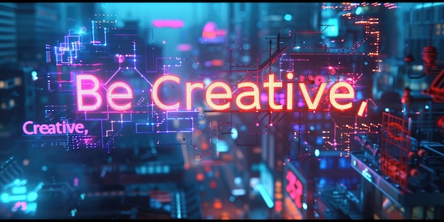 Letter of be creative in variant texture with neon in futuristic style aig