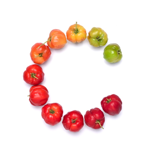 Letter C, Colorful font of Acerola cherry fruits on white