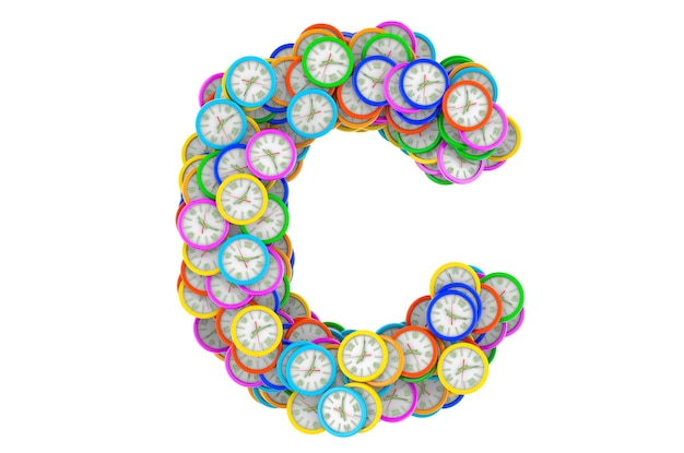 Letter C from colored wall clocks 3D rendering