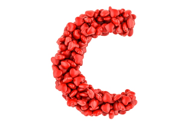 Letter C from red hearts 3D rendering isolated on white background