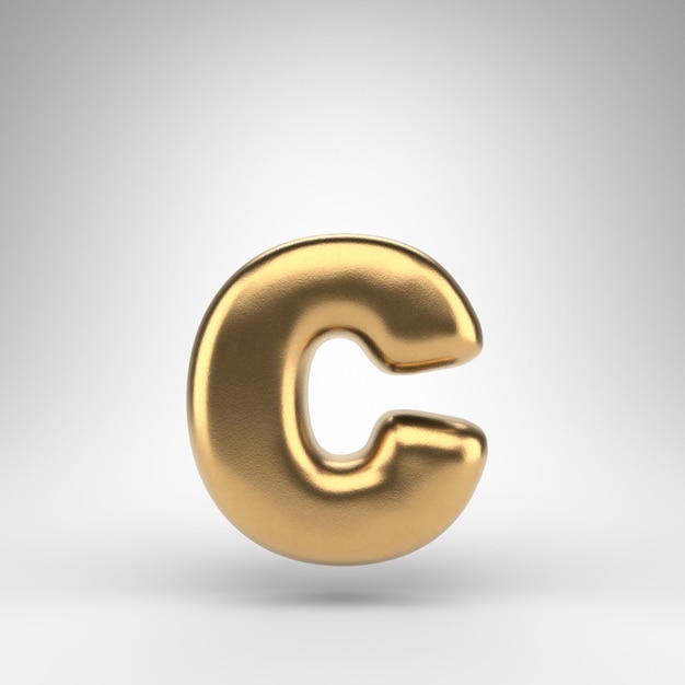 Letter C kleine letters op witte achtergrond. Gouden 3D-gerenderde lettertype met glanzende metalen textuur.