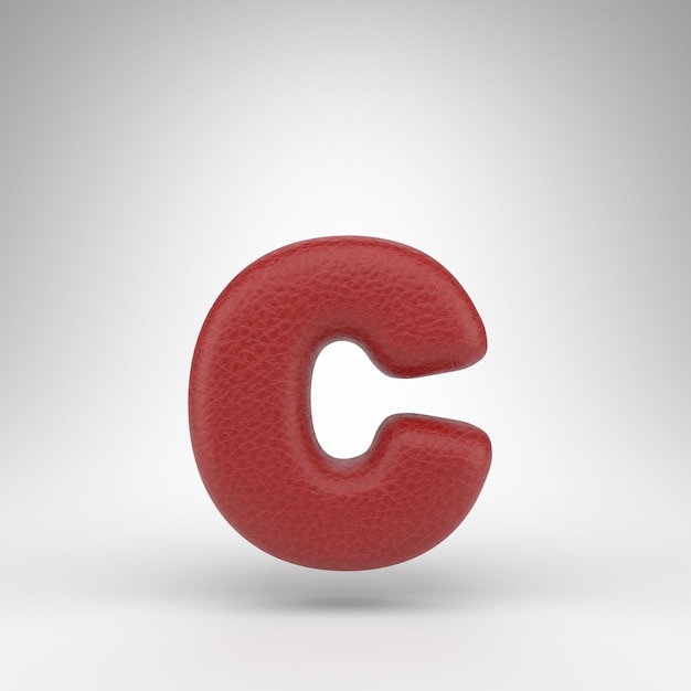 Letter C lowercase on white background. Red leather 3D letter with skin texture.