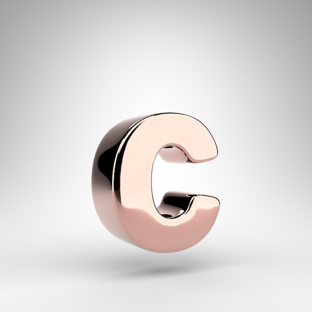 Letter C lowercase on white background. Rose gold 3D rendered font with gloss chrome surface.