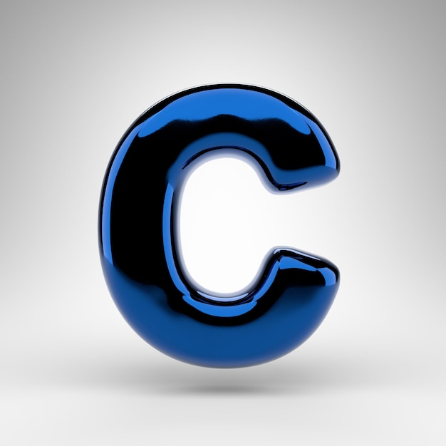 Буква C в верхнем регистре на белом фоне. Синий хромированный 3D-шрифт с глянцевой поверхностью.