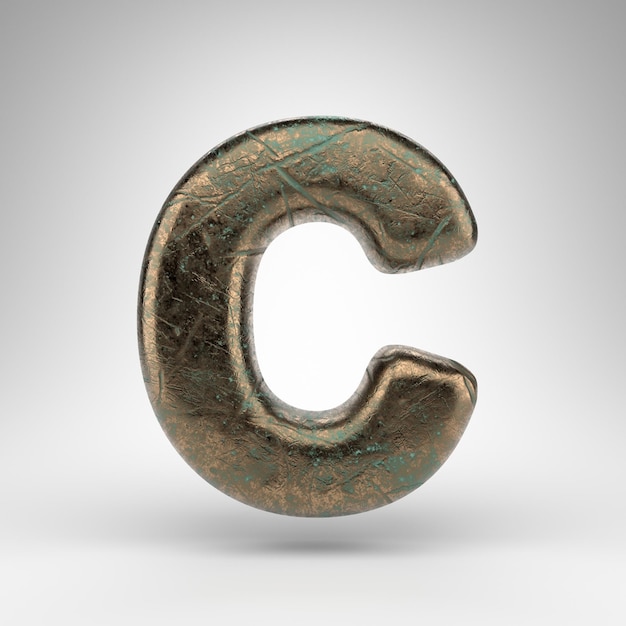 Letter C uppercase on white background. Bronze 3D rendered font with oxidized scratched texture.