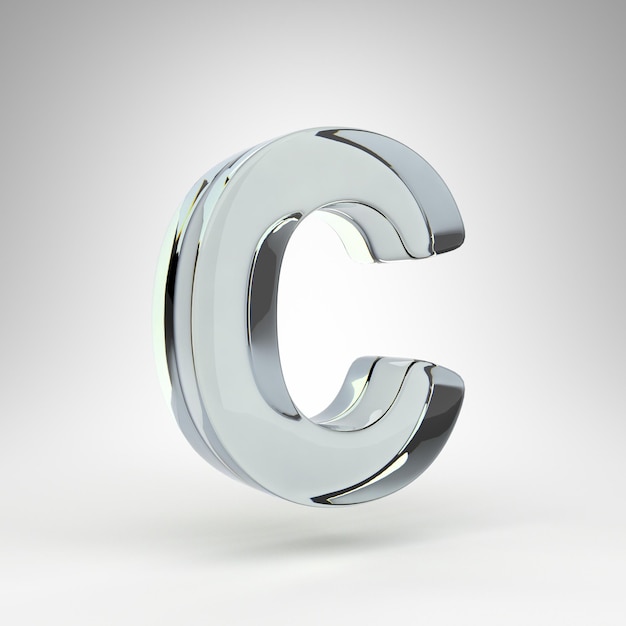 Letter C uppercase on white background. Camera lens transparent glass 3D rendered font with dispersion.