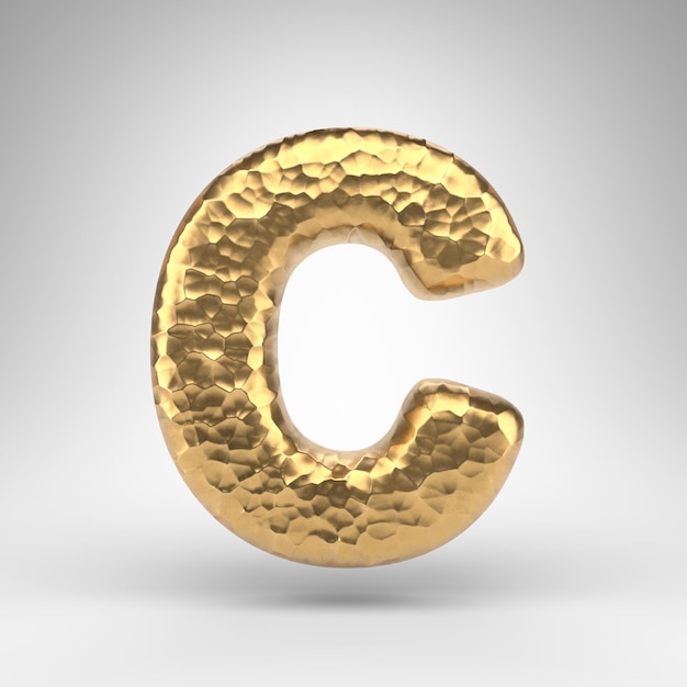 Letter C uppercase on white background. Hammered brass 3D rendered font with shiny metallic texture.