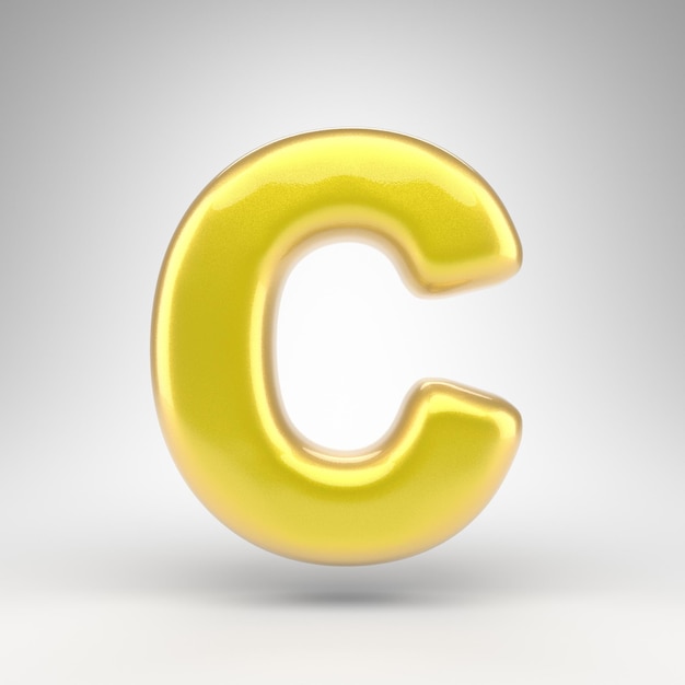 Photo letter c uppercase on white background. yellow car paint 3d rendered font with glossy metallic surface.