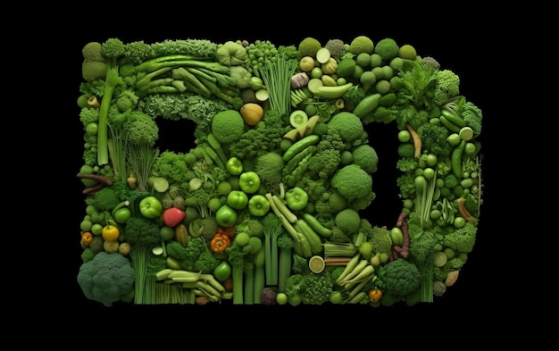 Foto la lettera d è creata con frutta e verdura vivaci