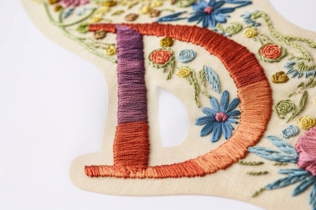 Letter d from embroidered on white background