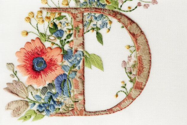 Photo letter d from embroidered on white background