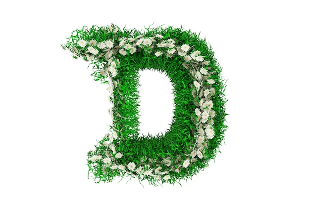 Letter D of Green Grass And Flowers. 3d rendering.