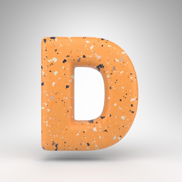 Letter D hoofdletters op witte achtergrond. 3D-gerenderde lettertype met oranje terrazzo patroon textuur.