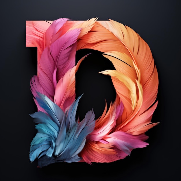 The letter d is made up of colored feathers on black background