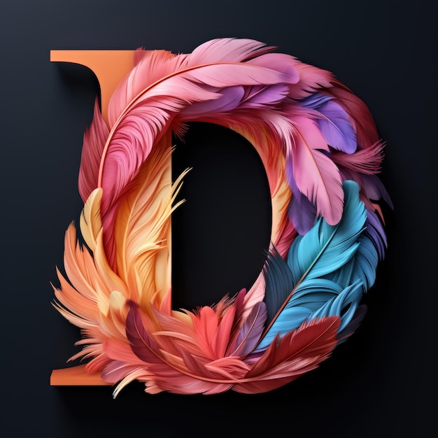 The letter d is made up of colored feathers