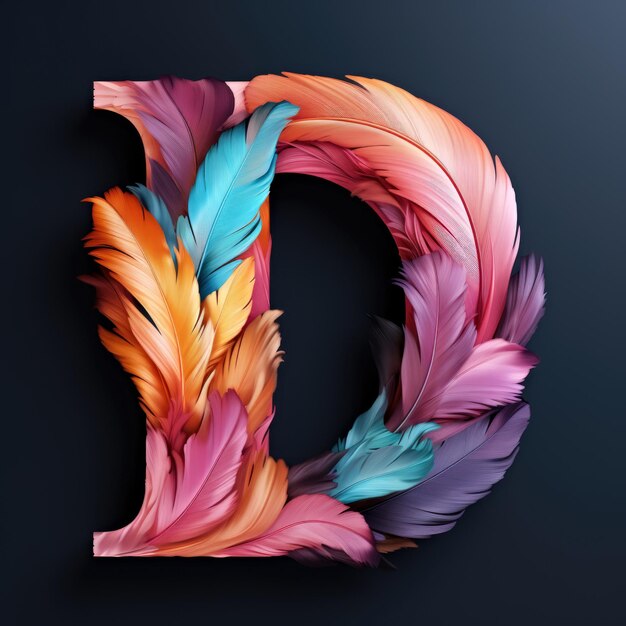 The letter d is made up of colored feathers