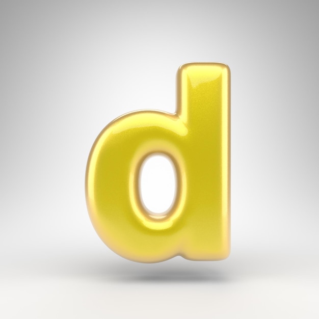 Letter D kleine letters op witte achtergrond. Gele autolak 3D-gerenderde lettertype met glanzend metalen oppervlak.