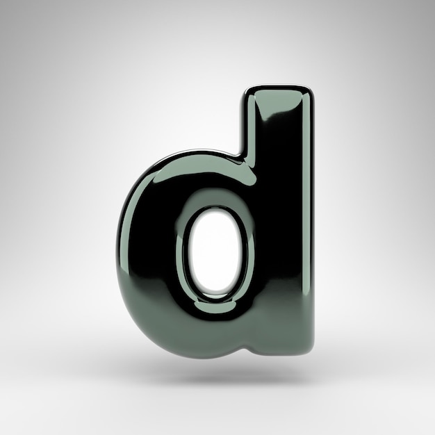 Letter D kleine letters op witte achtergrond. Groen chroom 3D-gerenderde lettertype met glanzend oppervlak.