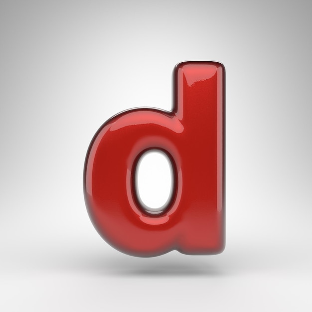 Letter D kleine letters op witte achtergrond. Rode autolak 3D-gerenderde lettertype met glanzend metalen oppervlak.