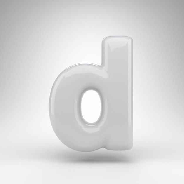 Letter D kleine letters op witte achtergrond. Witte kunststof 3D-gerenderde lettertype met glanzend oppervlak.