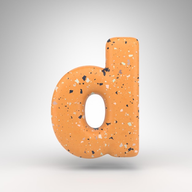 Letter D lowercase on white background. 3D rendered font with orange terrazzo pattern texture.