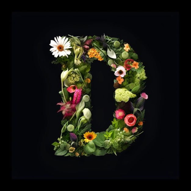 Letter D made of flowers and plants on black background Flower font concept