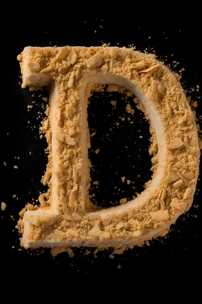 A letter d made of peanut butter on a black background