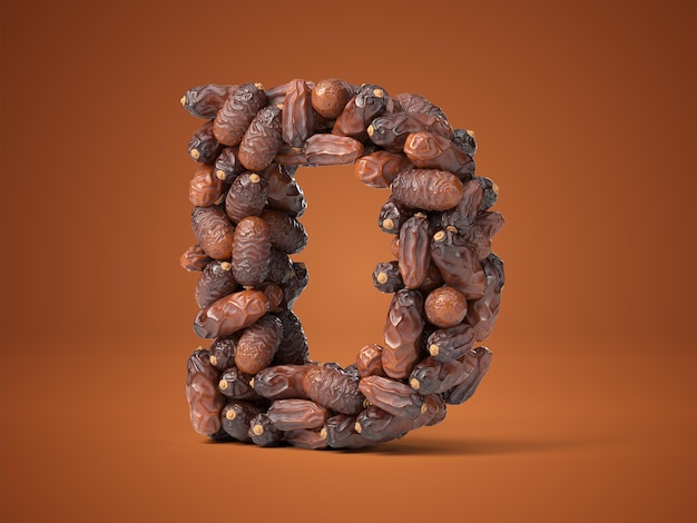 Letter D shaped date palm fruits, 3d illustration, suitable for fasting, ramadan, islam and iftar themes and typography usage.