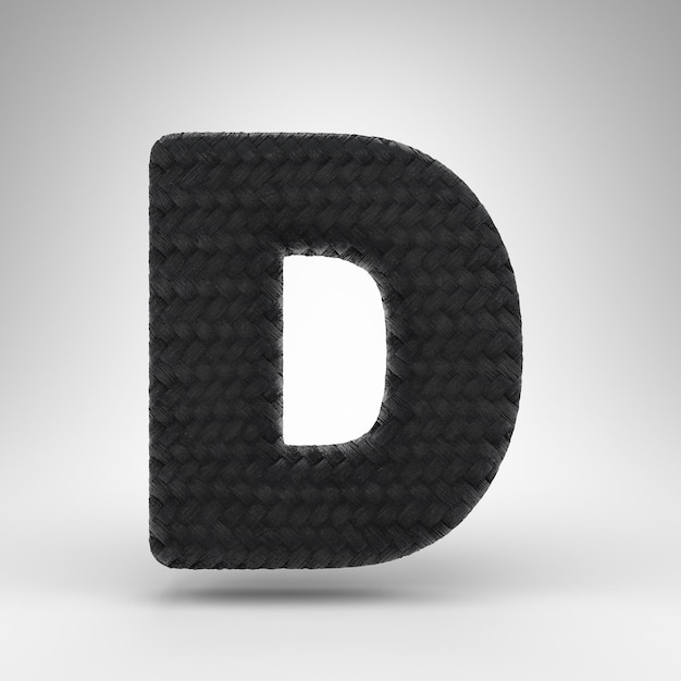 Letter D uppercase on white background. Black carbon fiber 3D rendered font with carbon thread texture.