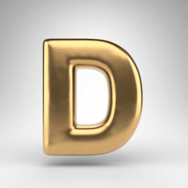 Letter D uppercase on white background. Golden 3D letter with gloss metal texture.